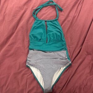 Teal and White Striped Women One Piece Swimsuit